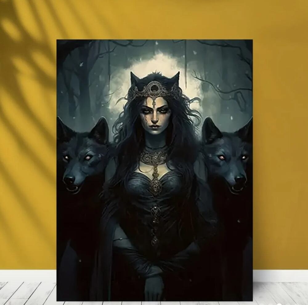Dark Sorceress Canvas Art Print 12x16 Hecate Black Wolf Companions Goth Magic